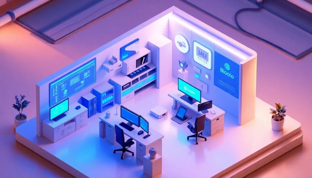 Futuristic 3D digital illustration of interconnected data nodes and glowing circuit streams, isometric view, abstract technology background, professional studio lighting, symbolizing the concept of Blooio review Detailed professional 3D illustration about Blooio review for automation workflow guide